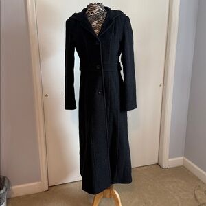 Anne Klein Charcoal Wool Full Length Hooded Dress Coat, Size 6